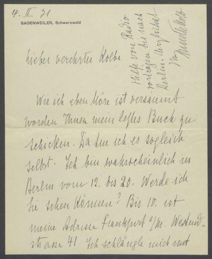Brief von Annette Kolb an Georg Kolbe