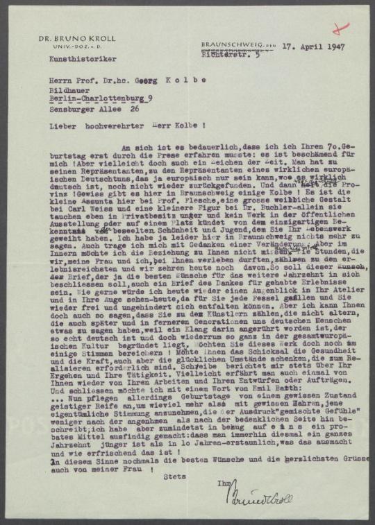 Brief von Bruno Kroll an Georg Kolbe
