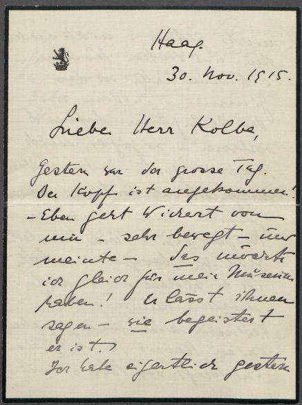 Brief von Margarethe von Kühlmann an Georg Kolbe