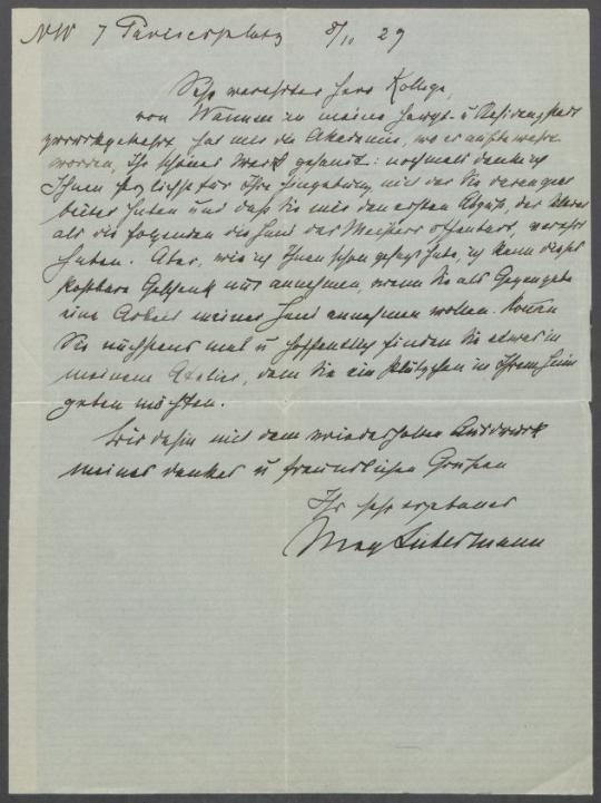 Brief von Max Liebermann an Georg Kolbe