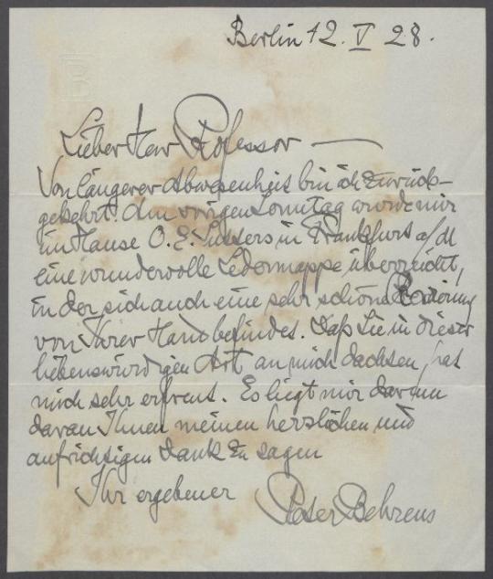 Brief von Peter Behrens an Georg Kolbe
