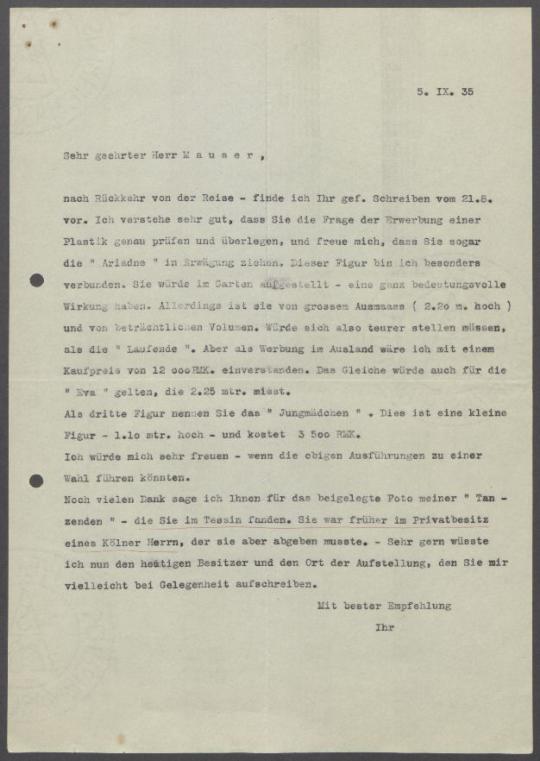 Briefwechsel zwischen Emil Mauser [Sämerei Mauser, Zürich] und Georg Kolbe