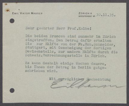 Briefwechsel zwischen Emil Mauser [Sämerei Mauser, Zürich] und Georg Kolbe