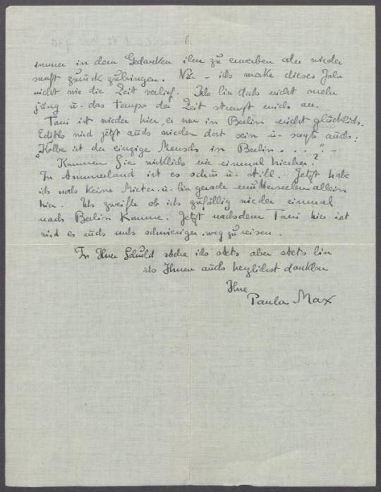 Brief von Paula Cecilie Max an Georg Kolbe