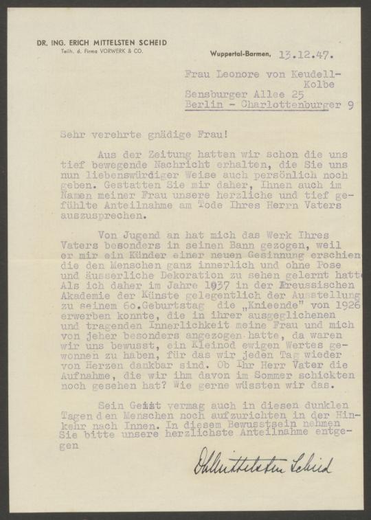 Briefe von Erich Mittelsten Scheid an Georg Kolbe und an Leonore von Keudell
