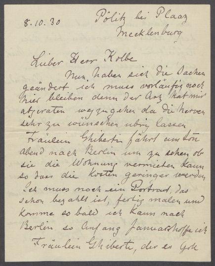 Briefe von George Mosson und Ilse Ghiberti an Georg Kolbe