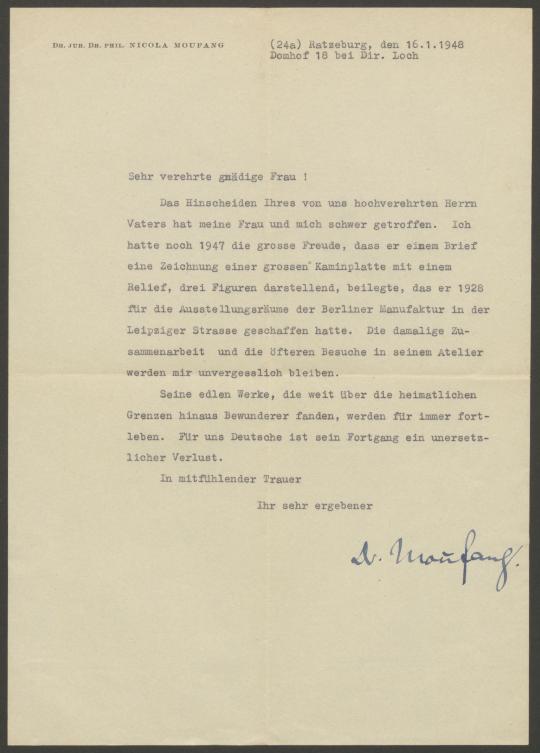 Briefe von Nicola Moufang an Georg Kolbe und Leonore von Keudell