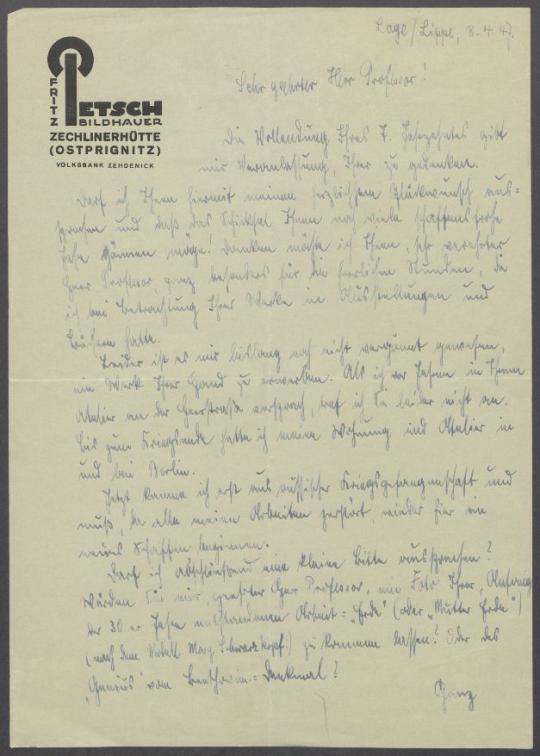 Brief von Fritz Petsch an Georg Kolbe
