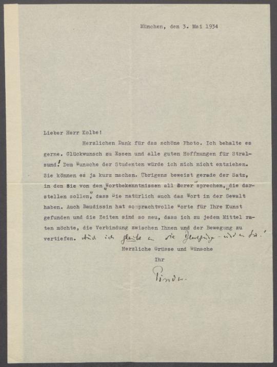 Brief von Wilhelm Pinder an Georg Kolbe