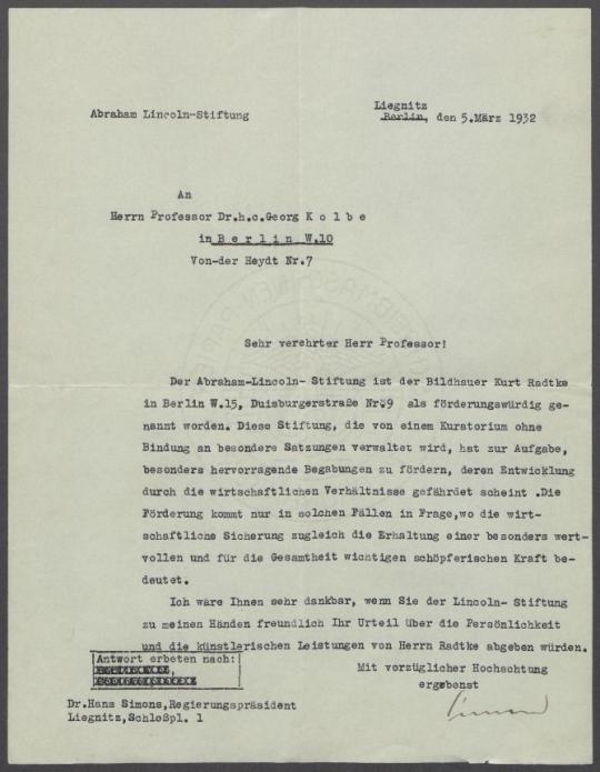 Briefwechsel zwischen Hans Simons [Abraham Lincoln-Stiftung, Liegnitz], Kurt Radtke und Georg Kolbe