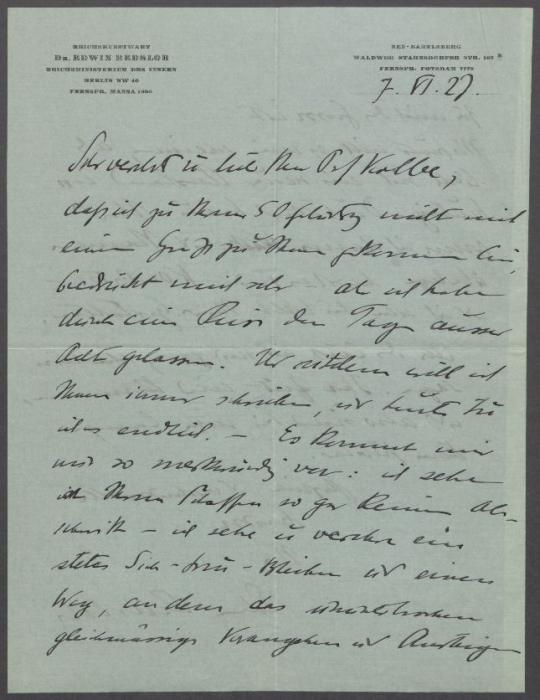 Brief von Edwin Redslob an Georg Kolbe