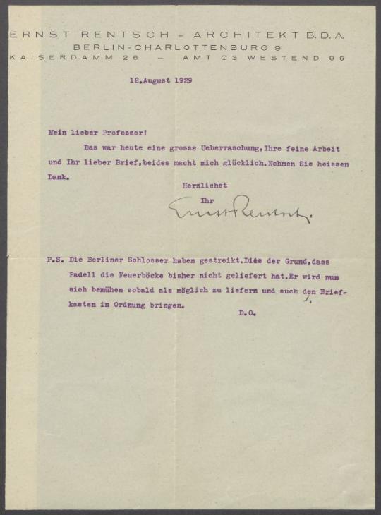 Brief von Ernst Rentsch an Georg Kolbe