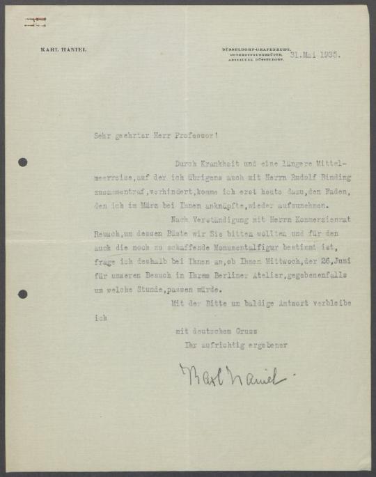 Briefwechsel zwischen Paul Reusch, Karl Haniel [Gutehoffnungshütte Oberhausen] und Georg Kolbe