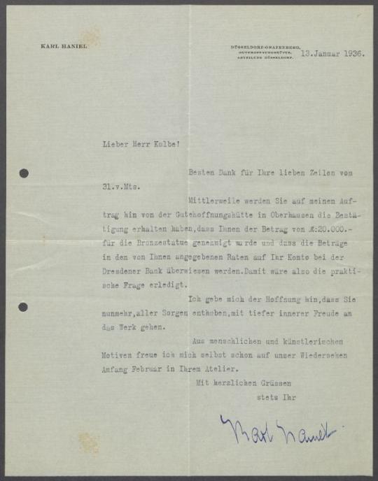 Briefwechsel zwischen Paul Reusch, Karl Haniel [Gutehoffnungshütte Oberhausen] und Georg Kolbe