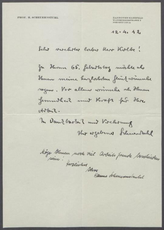 Briefe von Hermann Scheuernstuhl und Hanne Scheuernstuhl an Georg Kolbe