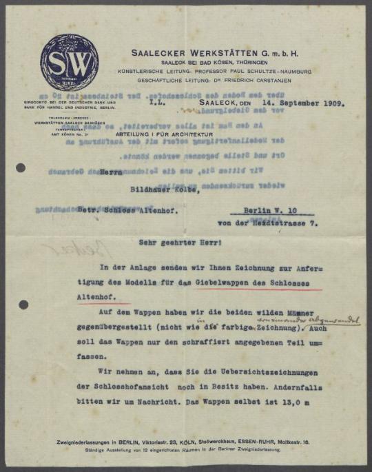 Briefe von Paul Schultze-Naumburg und von Saalecker Werkstätten G.m.b.H. an Georg Kolbe