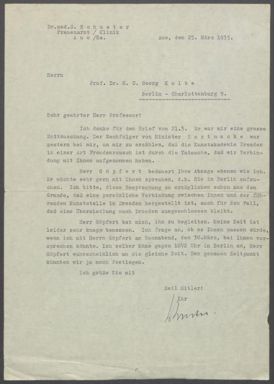 Briefe von Gustav Schuster an Georg Kolbe