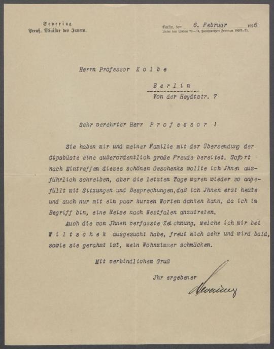 Brief von Carl Severing an Georg Kolbe