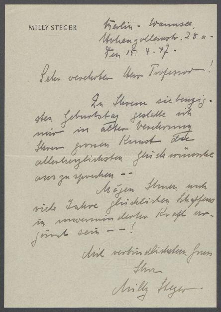 Brief von Milly Steger an Georg Kolbe