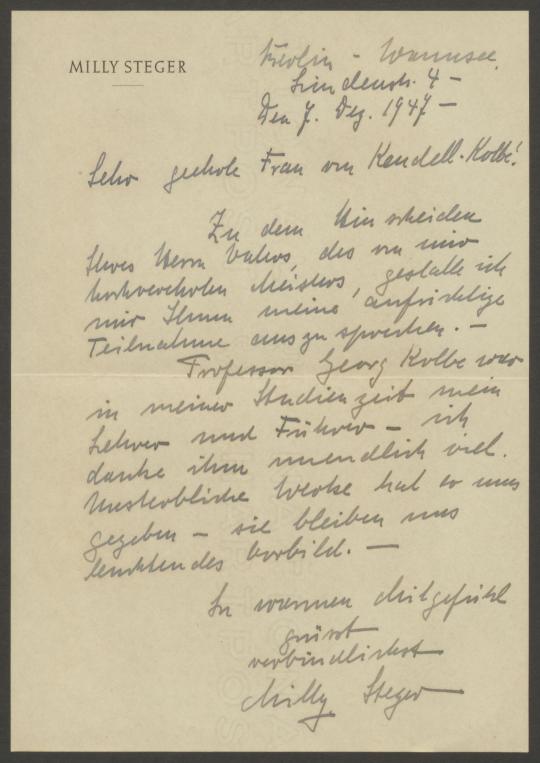 Briefe von Milly Steger an Georg Kolbe und an Leonore von Keudell