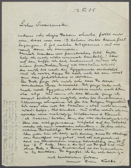 Brief von Georg Kolbe an Georg Swarzenski [Städelsches Kunstinstitut und Städtische Galerie, Frankfurt am Main]
