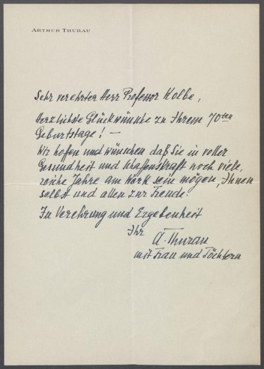 Brief von Arthur Thurau an Georg Kolbe