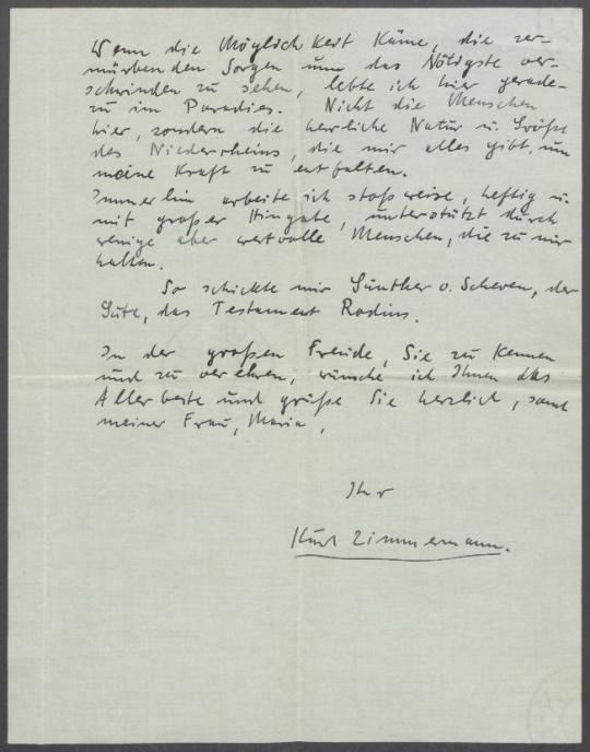 Brief von Kurt Zimmermann an Georg Kolbe
