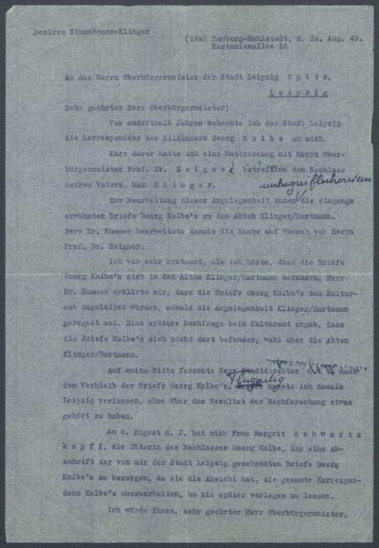 Briefe von Désirée Zimmermann-Klinger an Georg Kolbe
