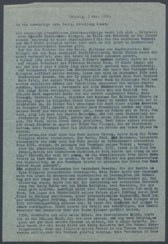 Briefe von Désirée Zimmermann-Klinger an Georg Kolbe
