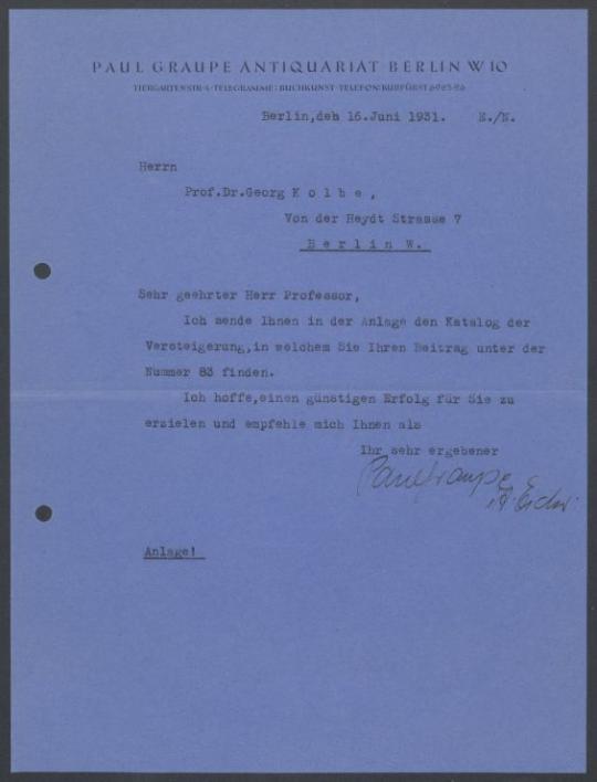 Briefwechsel zwischen Robert Zündorf und Georg Kolbe