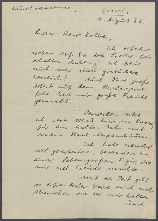 Brief von Kurt Zimmermann an Georg Kolbe