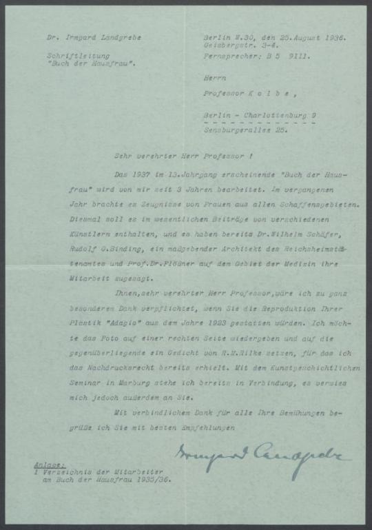 Briefwechsel zwischen Irmgard Landgrebe [Schriftleitung "Buch der Hausfrau"] und Georg Kolbe
