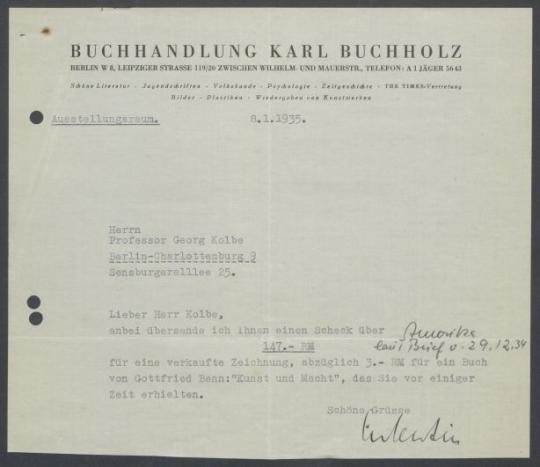 Briefwechsel zwischen Buchhandlung Karl Buchholz und Georg Kolbe