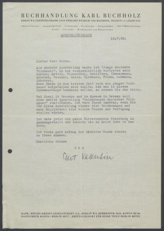 Briefwechsel zwischen Buchhandlung Karl Buchholz und Georg Kolbe