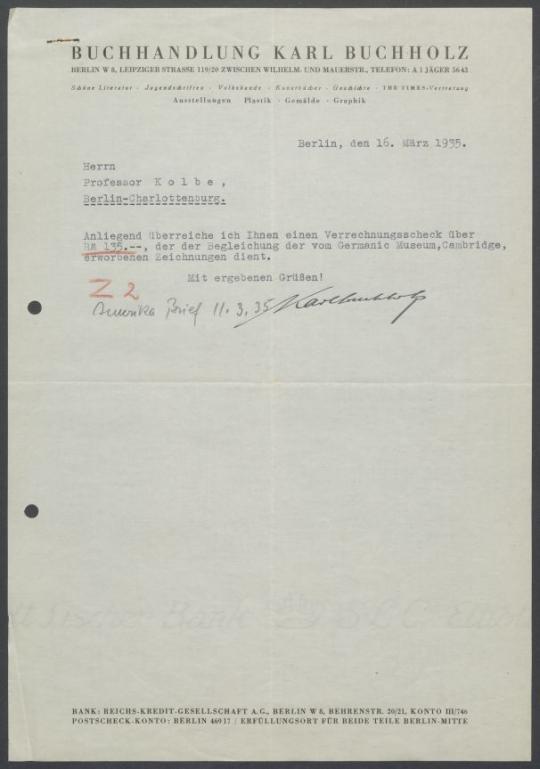 Briefwechsel zwischen Buchhandlung Karl Buchholz und Georg Kolbe