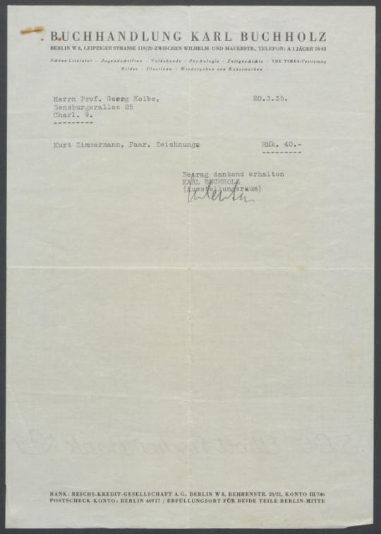 Briefwechsel zwischen Buchhandlung Karl Buchholz und Georg Kolbe