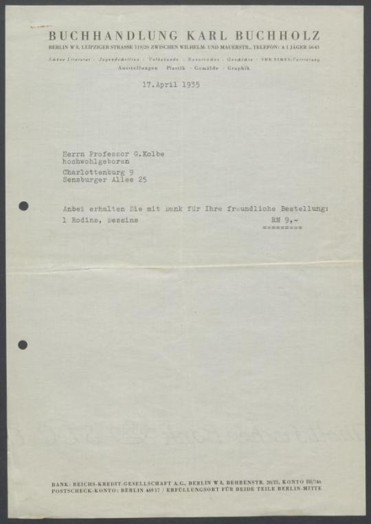 Briefwechsel zwischen Buchhandlung Karl Buchholz und Georg Kolbe