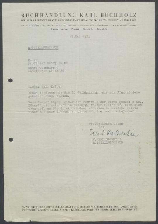 Briefwechsel zwischen Buchhandlung Karl Buchholz und Georg Kolbe