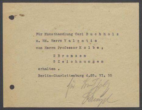 Briefwechsel zwischen Buchhandlung Karl Buchholz und Georg Kolbe