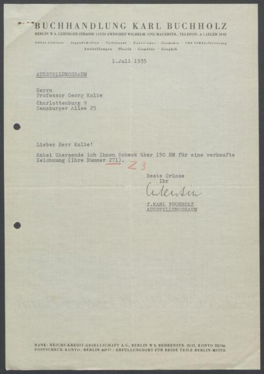 Briefwechsel zwischen Buchhandlung Karl Buchholz und Georg Kolbe