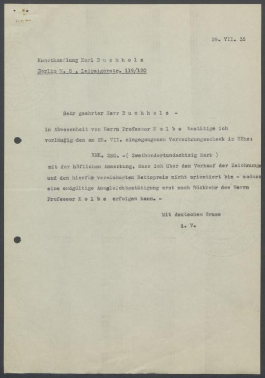 Briefwechsel zwischen Buchhandlung Karl Buchholz und Georg Kolbe
