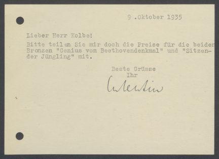 Briefwechsel zwischen Buchhandlung Karl Buchholz und Georg Kolbe
