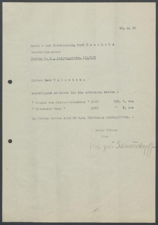 Briefwechsel zwischen Buchhandlung Karl Buchholz und Georg Kolbe