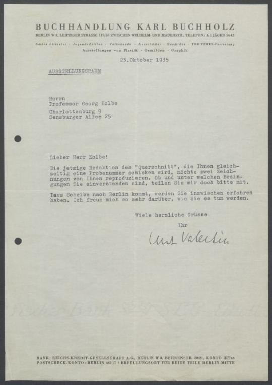 Briefwechsel zwischen Buchhandlung Karl Buchholz und Georg Kolbe