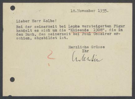 Briefwechsel zwischen Buchhandlung Karl Buchholz und Georg Kolbe