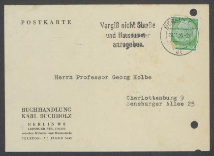 Briefwechsel zwischen Buchhandlung Karl Buchholz und Georg Kolbe