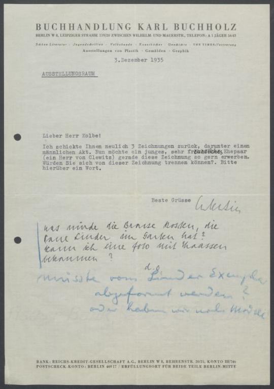 Briefwechsel zwischen Buchhandlung Karl Buchholz und Georg Kolbe