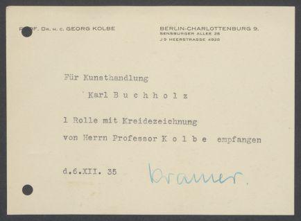 Briefwechsel zwischen Buchhandlung Karl Buchholz und Georg Kolbe