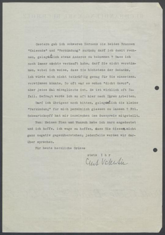 Briefwechsel zwischen Buchhandlung Karl Buchholz und Georg Kolbe
