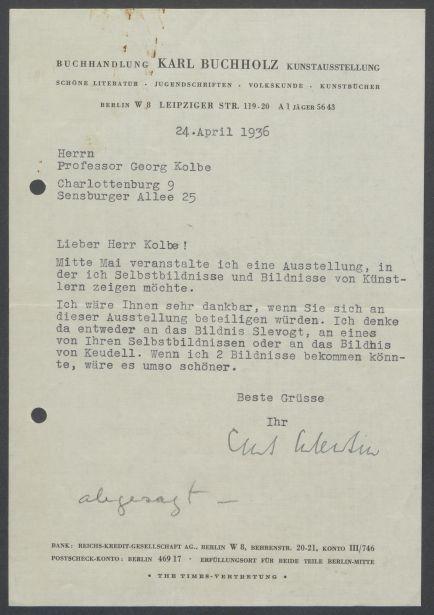 Briefwechsel zwischen Buchhandlung Karl Buchholz und Georg Kolbe